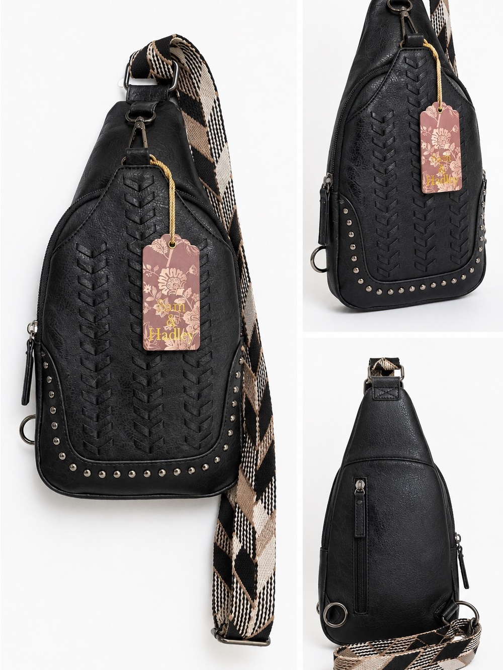 Sam & Hadley Black Studded Sling Crossbody Bag Woven Strap NWT - Picture 2 of 4